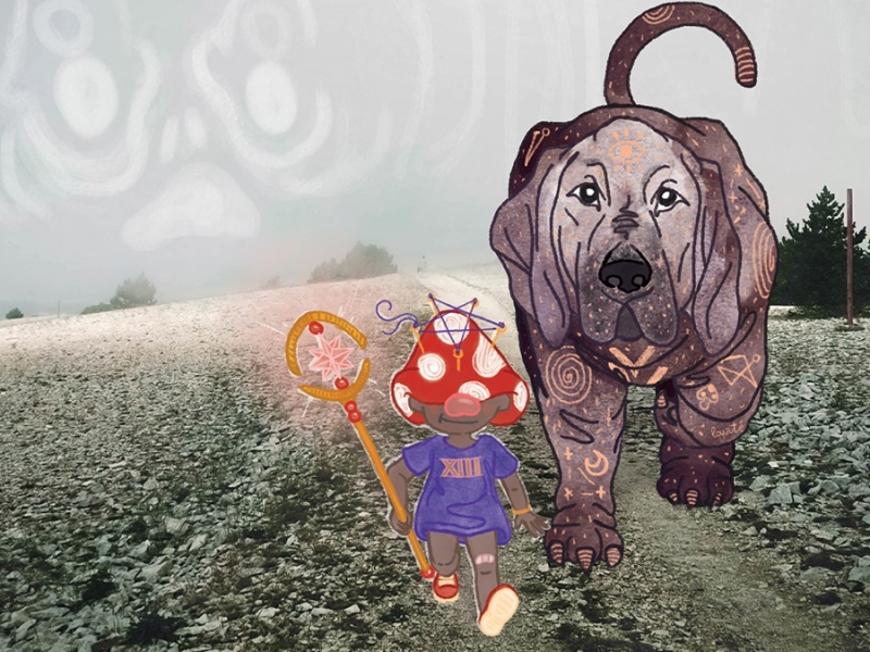 Illustration d’un jeune garçon vêtu d’un chapeau champignon et de son chien astral, parcourant une montagne. Derrière eux, un spectre apparaît dans le brouillard. Une illustration réalisée par Lisa Calamand / Elles Compagnie.